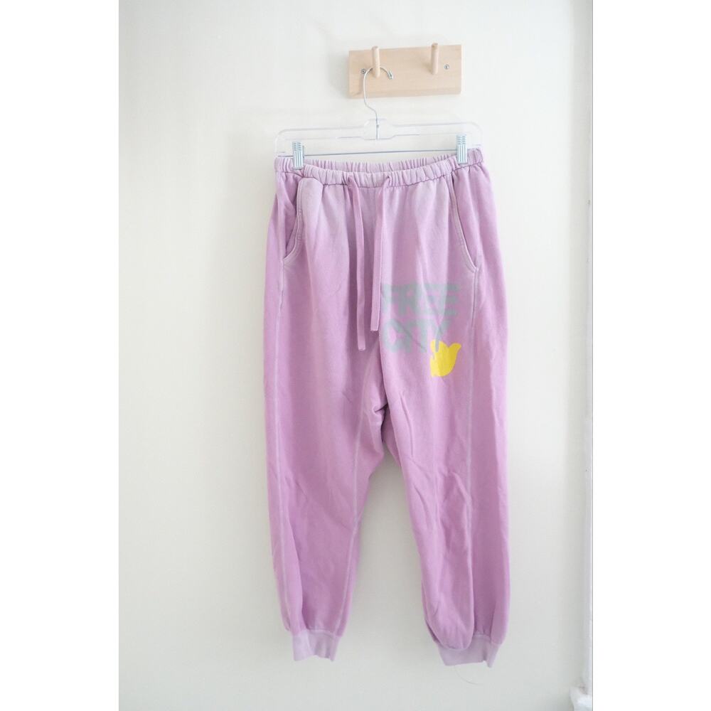 Freecity Lets Go Together Womens XS Drawstring Sweatpants Purple Yellow Pockets